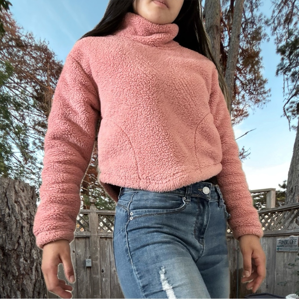 Muted Pink Fuzzy Winter Fleece Pullover Turtleneck Sweater